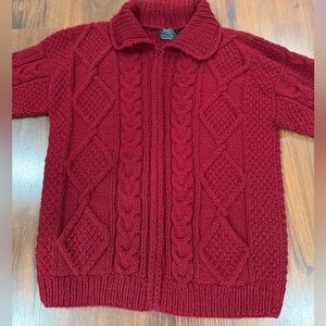 Native Knit handmade 100% Wool collared full zip cardigan L/XL Red color